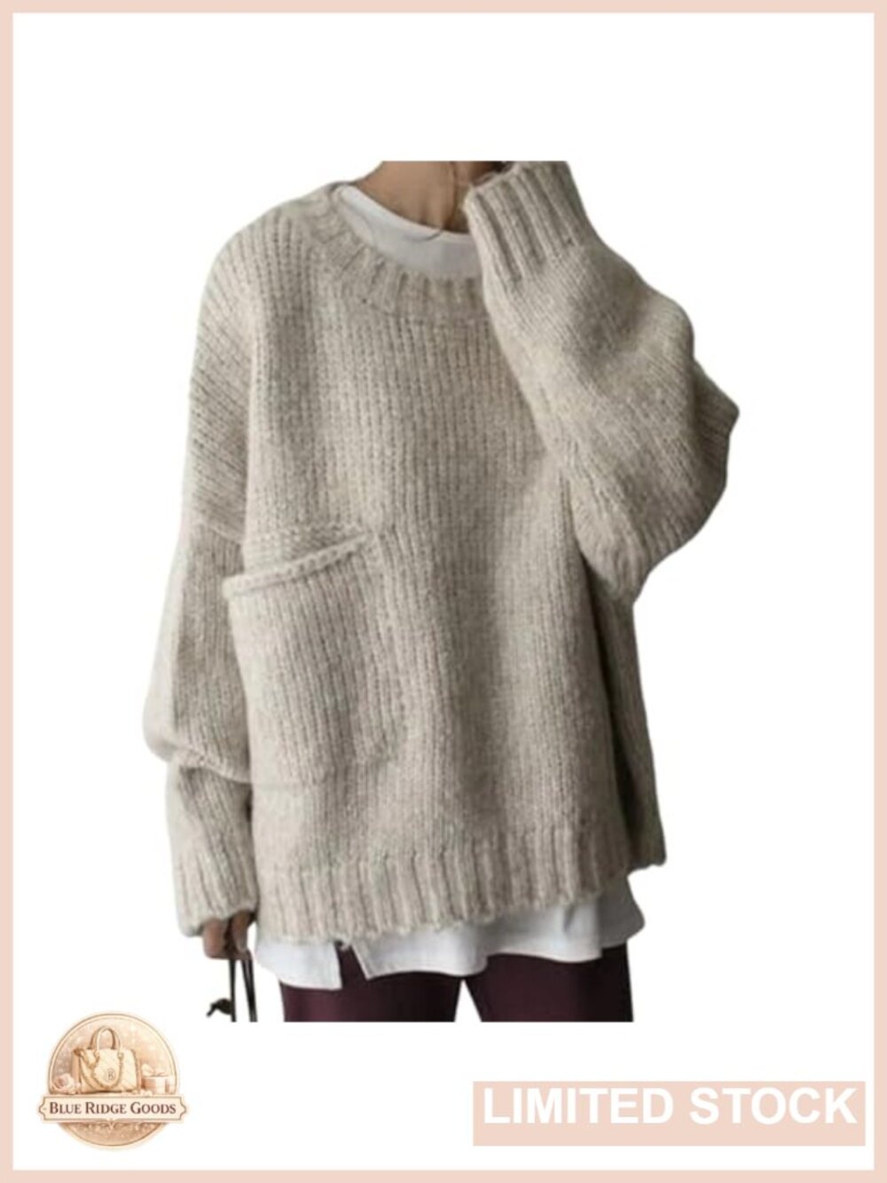 Oversized Soft Knit Sweater Crewneck Batwing Long Sleeve Pocket Pullover Top